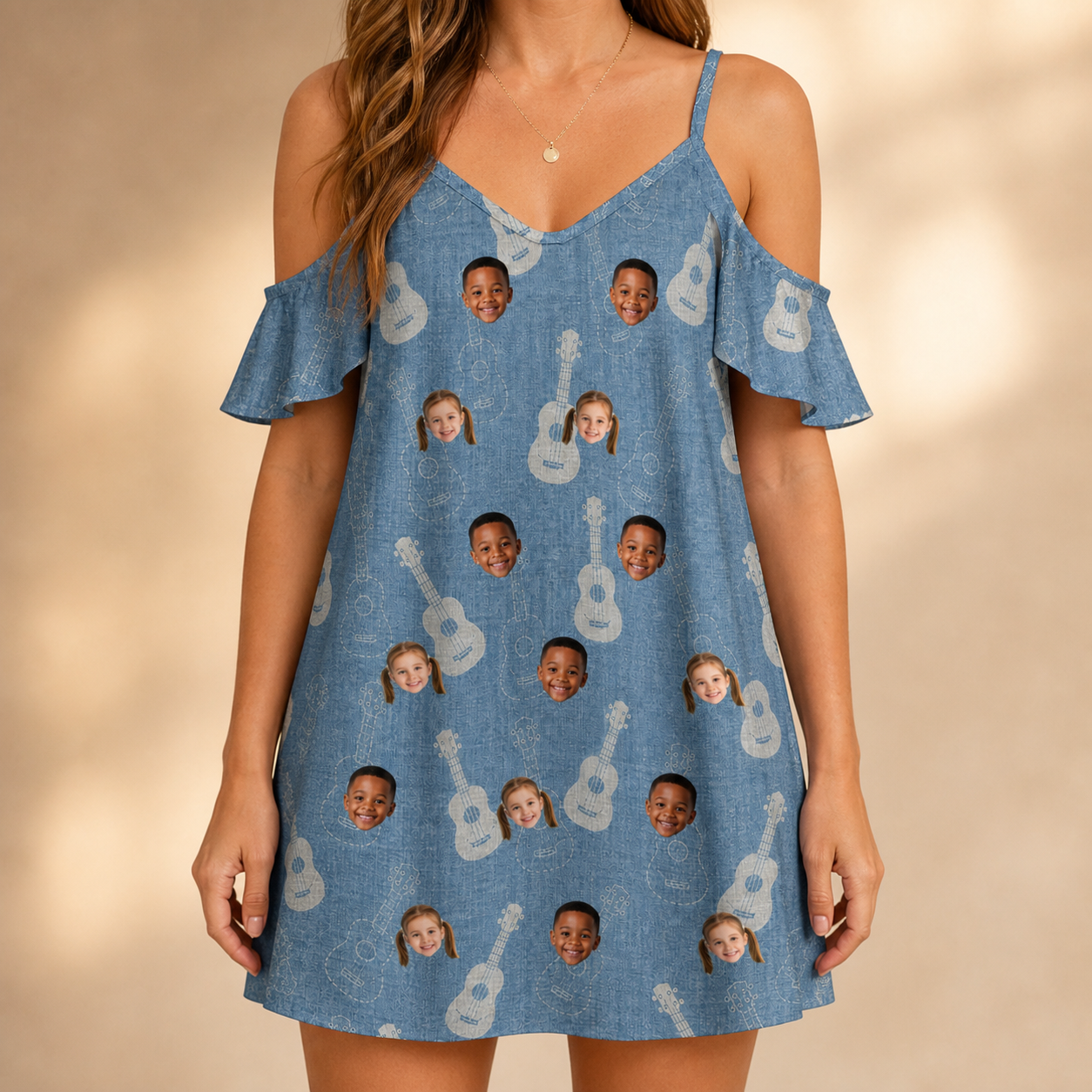 Model wearing Women's Gardenia Grooves Custom Face Off-Shoulder Dress printed with kids' faces