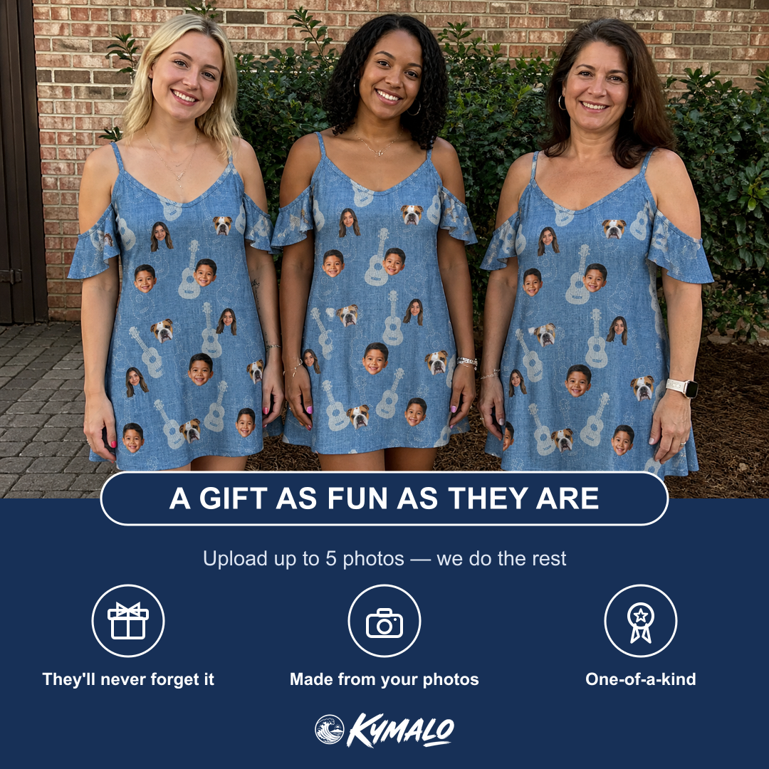 Friends in matching Women's Gardenia Grooves Custom Face Off-Shoulder Dress — a group gift photo