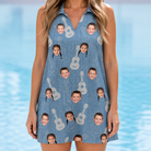 Model wearing Women's Gardenia Grooves Custom Face V-Neck Dress printed with kids' faces