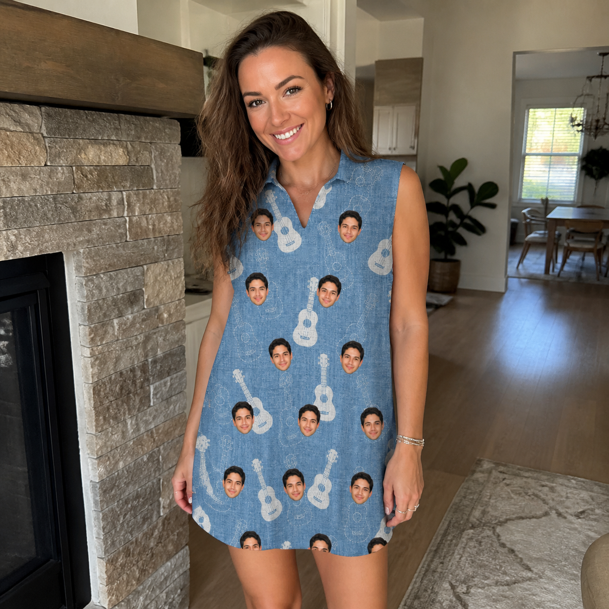 Real-life photo of someone wearing Women's Gardenia Grooves Custom Face V-Neck Dress — custom faces printed all-over