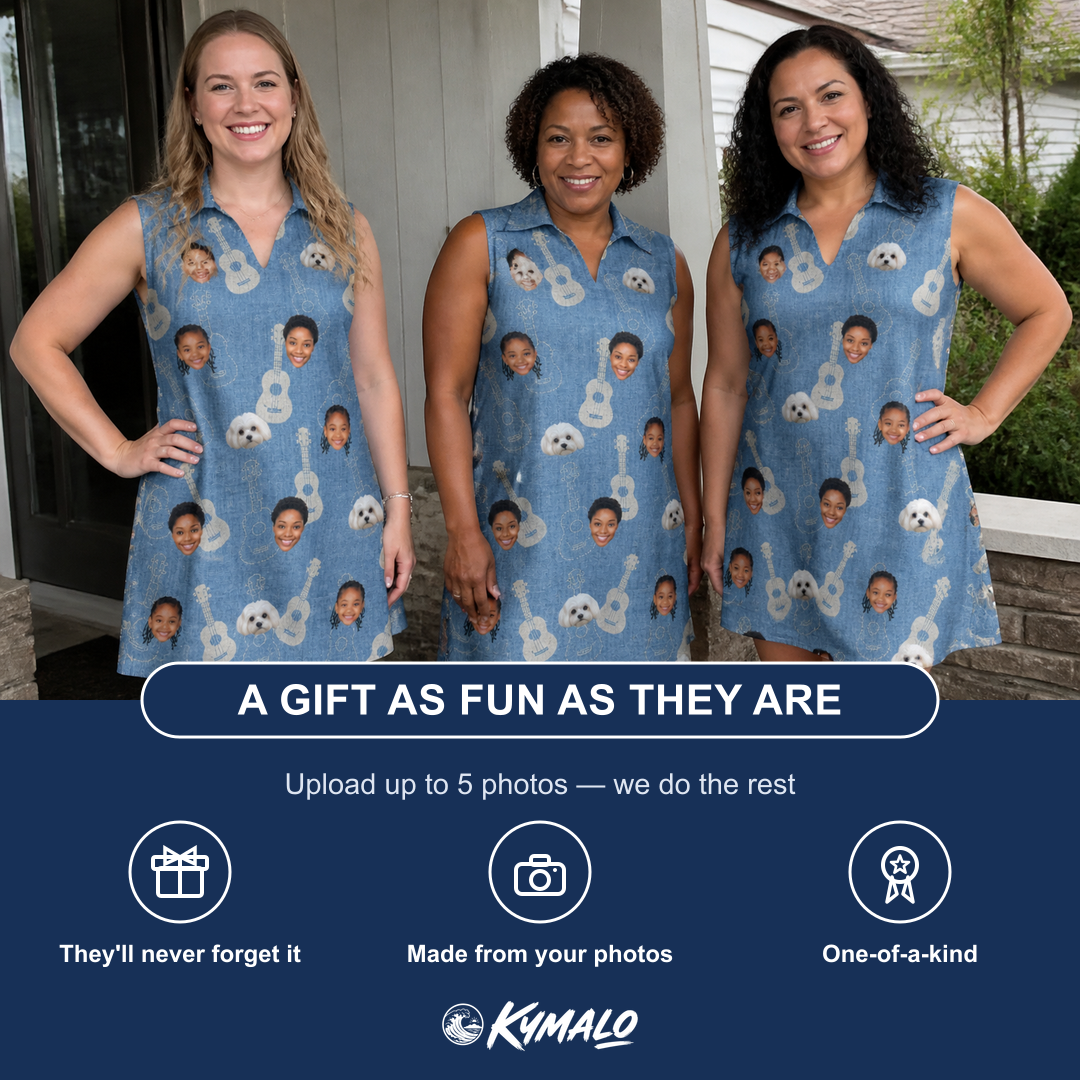 Friends in matching Women's Gardenia Grooves Custom Face V-Neck Dress — a group gift photo