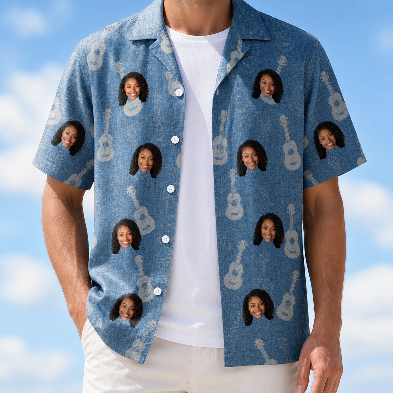 Man wearing Men's Gardenia Grooves Custom Face Hawaiian Shirt open over a white tee