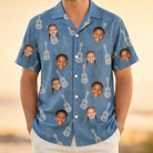 Model wearing Men's Gardenia Grooves Custom Face Hawaiian Shirt printed with kids' faces