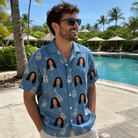 Real-life photo of someone wearing Men's Gardenia Grooves Custom Face Hawaiian Shirt — custom faces printed all-over
