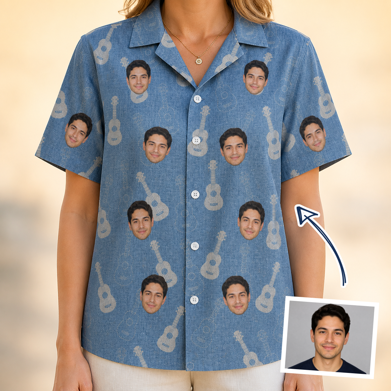 Woman wearing Women's Gardenia Grooves Custom Face Hawaiian Shirt — custom faces printed all-over