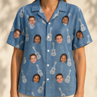 Model wearing Women's Gardenia Grooves Custom Face Hawaiian Shirt printed with kids' faces