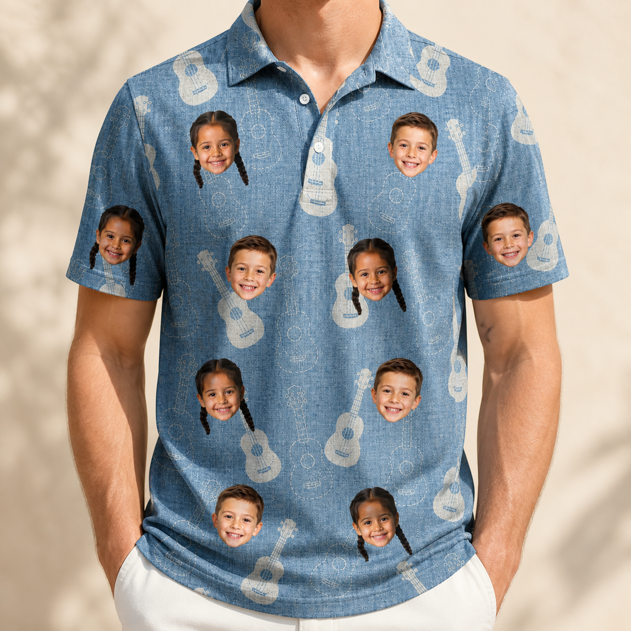 Model wearing Men's Gardenia Grooves Custom Face Polo Shirt printed with kids' faces