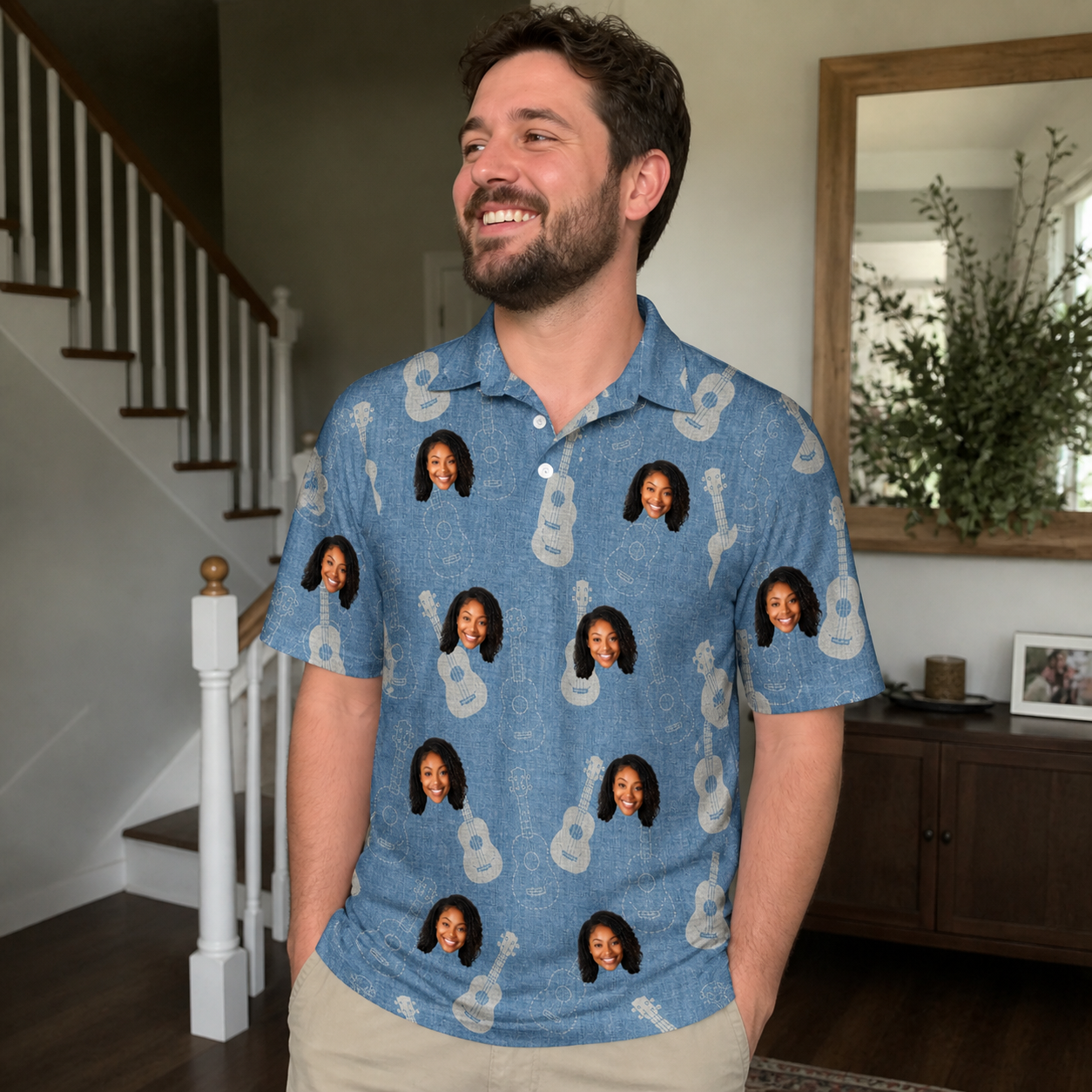 Real-life photo of someone wearing Men's Gardenia Grooves Custom Face Polo Shirt — custom faces printed all-over