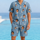 Model wearing Men's Gardenia Grooves Custom Face Shirt & Shorts Set printed with kids' faces