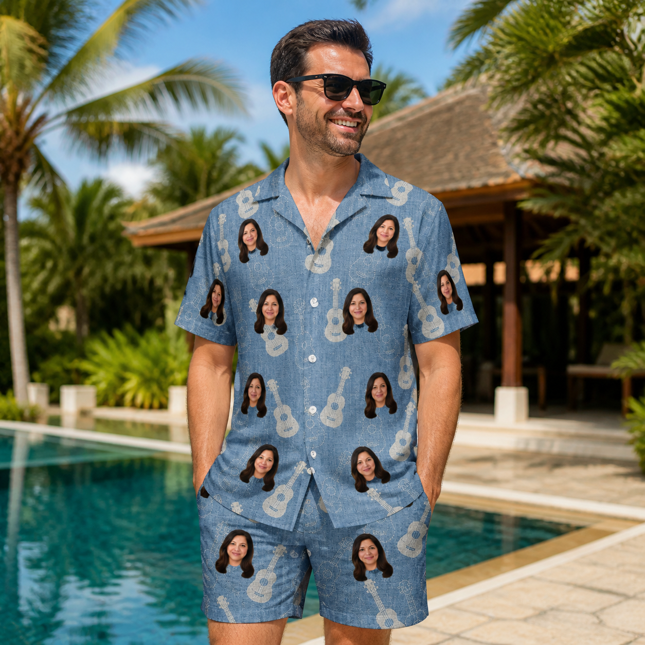 Real-life photo of someone wearing Men's Gardenia Grooves Custom Face Shirt & Shorts Set — custom faces printed all-over