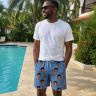 Real-life photo of someone wearing Men's Neck Appeal Custom Face Beach Shorts — custom faces printed all-over