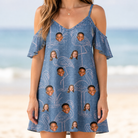 Model wearing Women's Neck Appeal Custom Face Off-Shoulder Dress printed with kids' faces