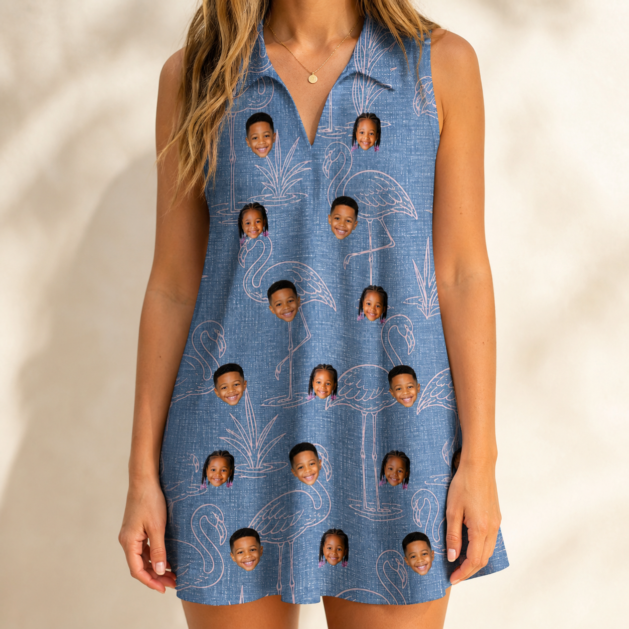 Model wearing Women's Neck Appeal Custom Face V-Neck Dress printed with kids' faces