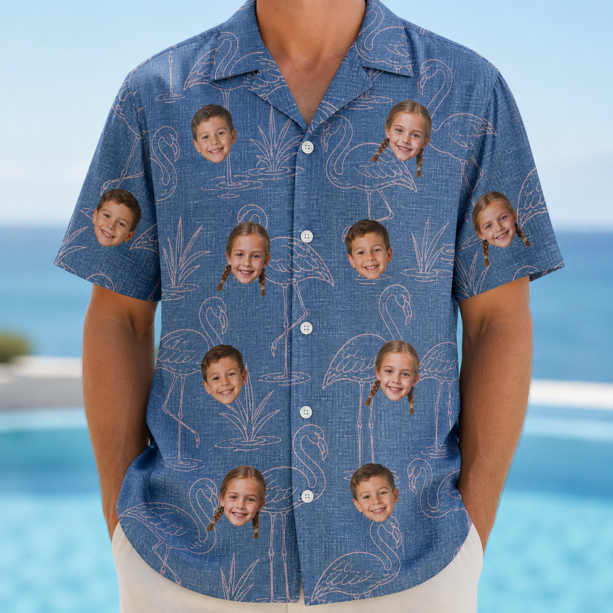 Model wearing Men's Neck Appeal Custom Face Hawaiian Shirt printed with kids' faces