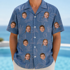 Model wearing Men's Neck Appeal Custom Face Hawaiian Shirt printed with kids' faces