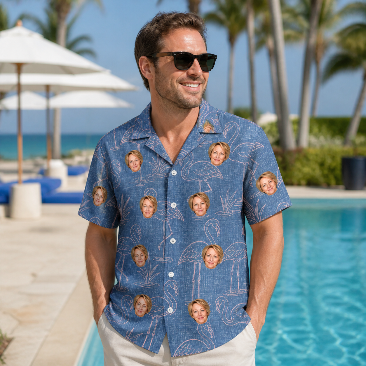 Real-life photo of someone wearing Men's Neck Appeal Custom Face Hawaiian Shirt — custom faces printed all-over