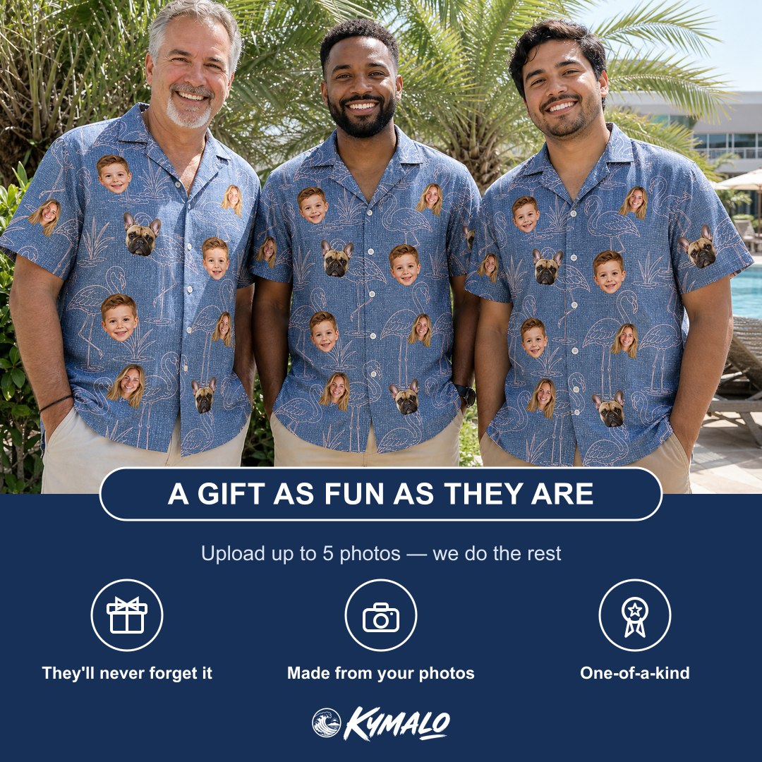 Friends in matching Men's Neck Appeal Custom Face Hawaiian Shirt — a group gift photo