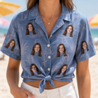 Woman wearing Women's Neck Appeal Custom Face Hawaiian Shirt tied at the waist