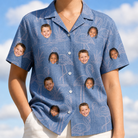 Model wearing Women's Neck Appeal Custom Face Hawaiian Shirt printed with kids' faces
