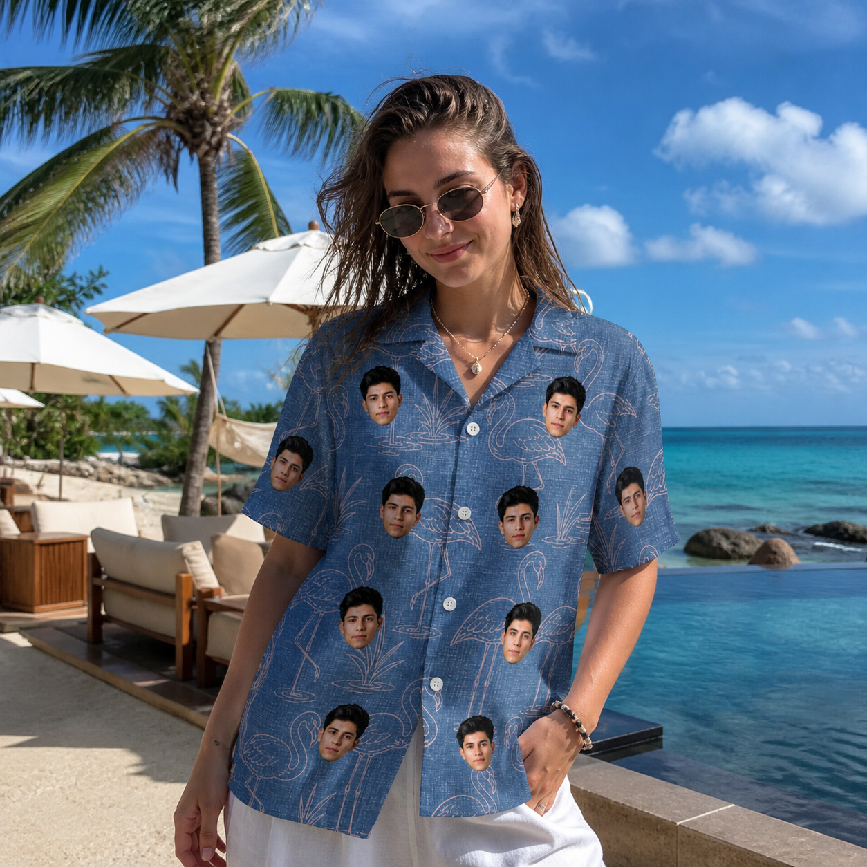 Real-life photo of someone wearing Women's Neck Appeal Custom Face Hawaiian Shirt — custom faces printed all-over