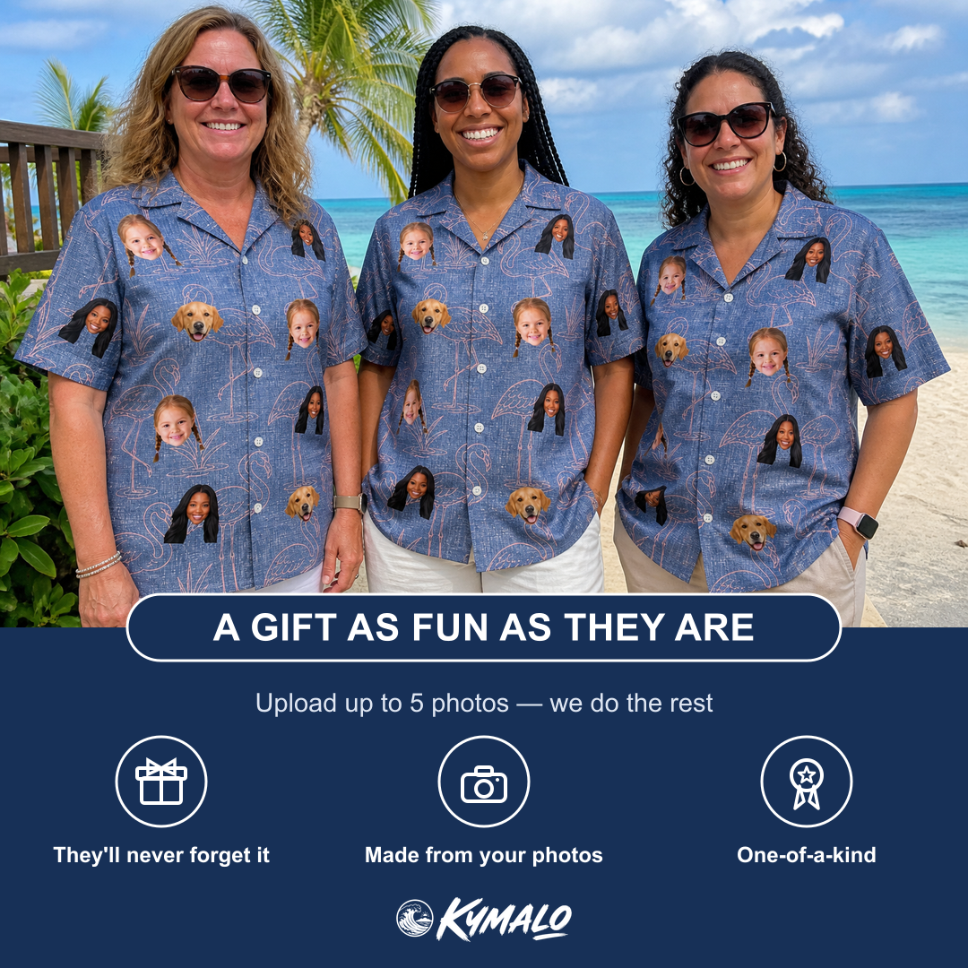 Friends in matching Women's Neck Appeal Custom Face Hawaiian Shirt — a group gift photo