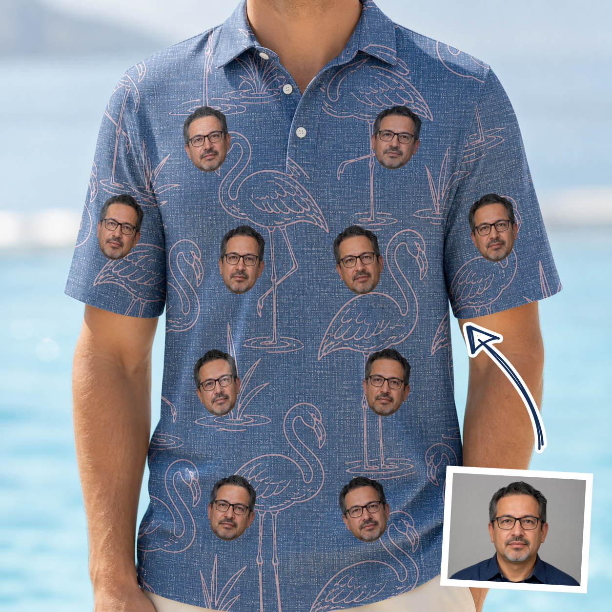 Man wearing Men's Neck Appeal Custom Face Polo Shirt — custom faces printed all-over