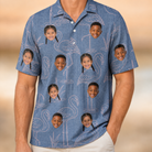 Model wearing Men's Neck Appeal Custom Face Polo Shirt printed with kids' faces