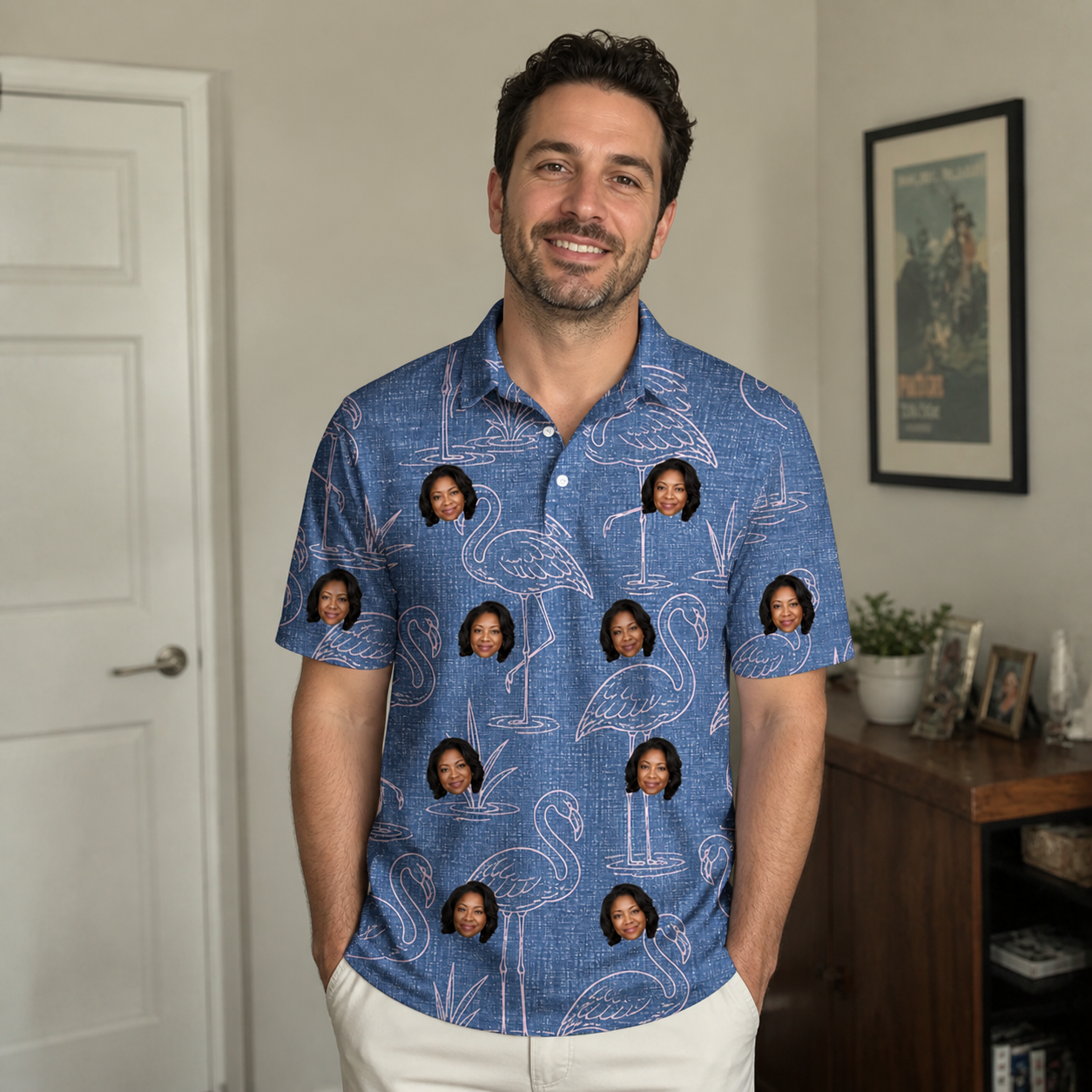 Real-life photo of someone wearing Men's Neck Appeal Custom Face Polo Shirt — custom faces printed all-over