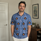 Real-life photo of someone wearing Men's Neck Appeal Custom Face Polo Shirt — custom faces printed all-over