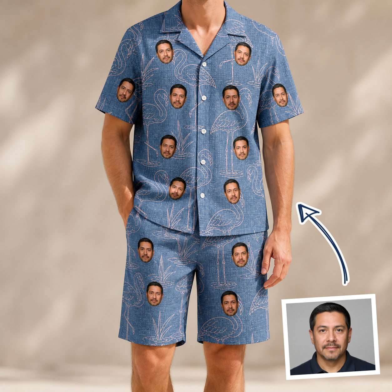 Man wearing Men's Neck Appeal Custom Face Shirt & Shorts Set — custom faces printed all-over
