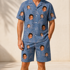 Model wearing Men's Neck Appeal Custom Face Shirt & Shorts Set printed with kids' faces