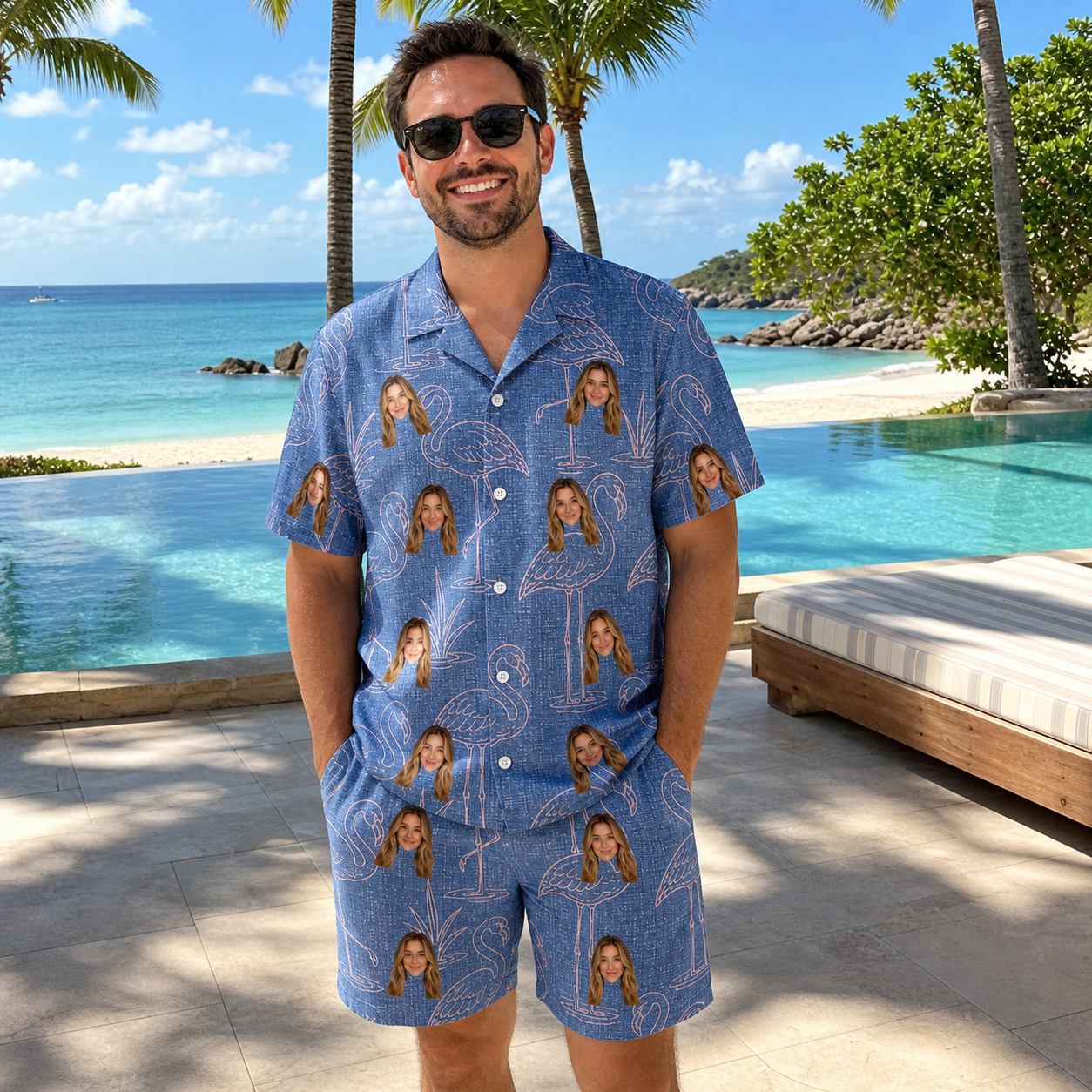Real-life photo of someone wearing Men's Neck Appeal Custom Face Shirt & Shorts Set — custom faces printed all-over