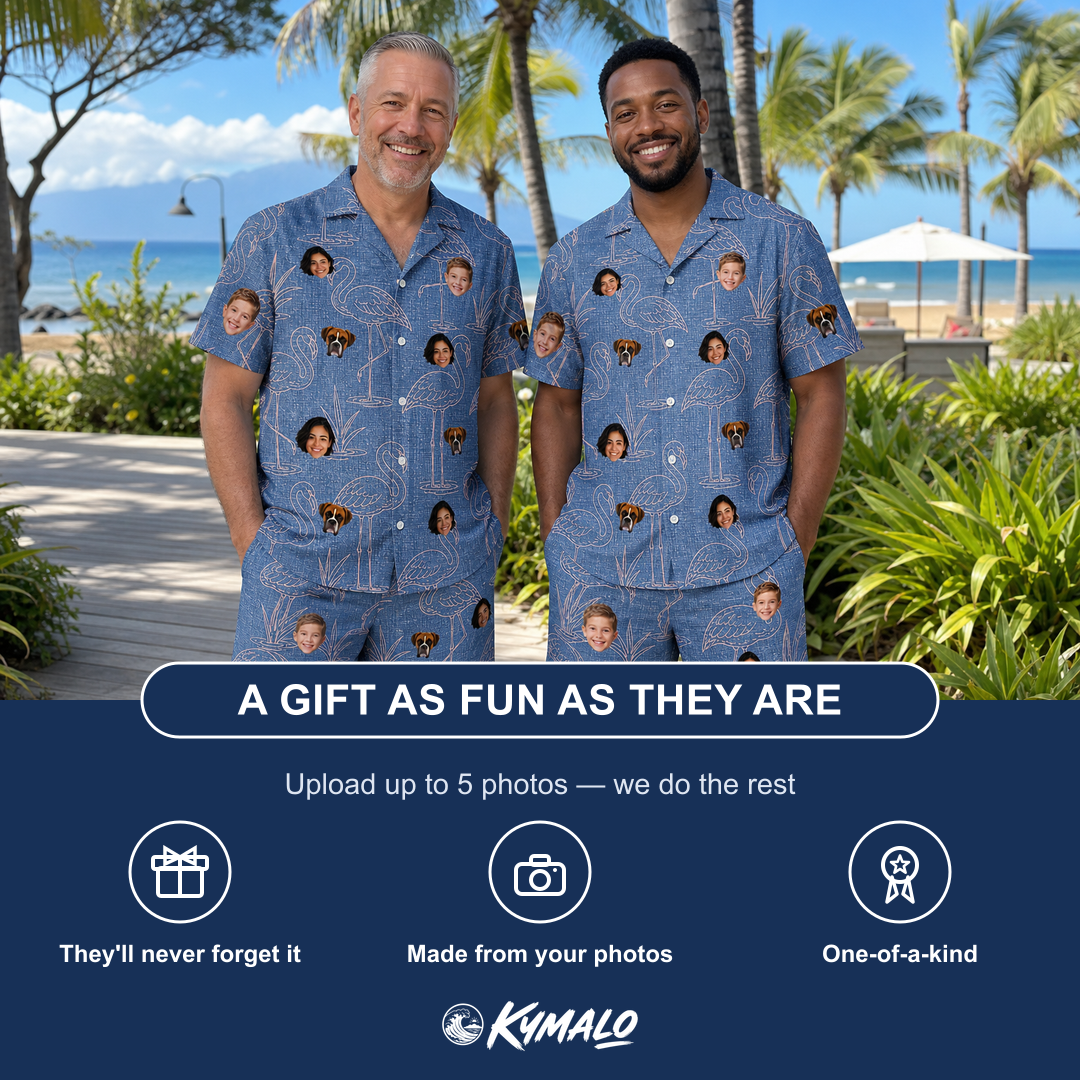 Friends in matching Men's Neck Appeal Custom Face Shirt & Shorts Set — a group gift photo