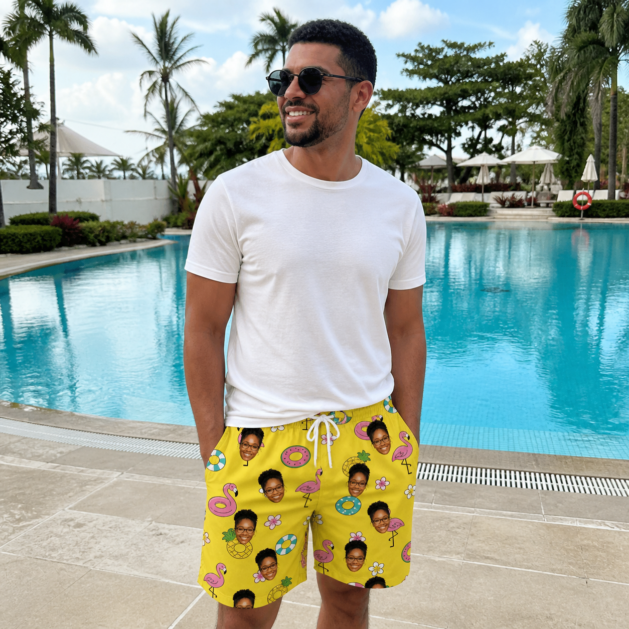Real-life photo of someone wearing Men's Aqua Aviary Custom Face Beach Shorts — custom faces printed all-over