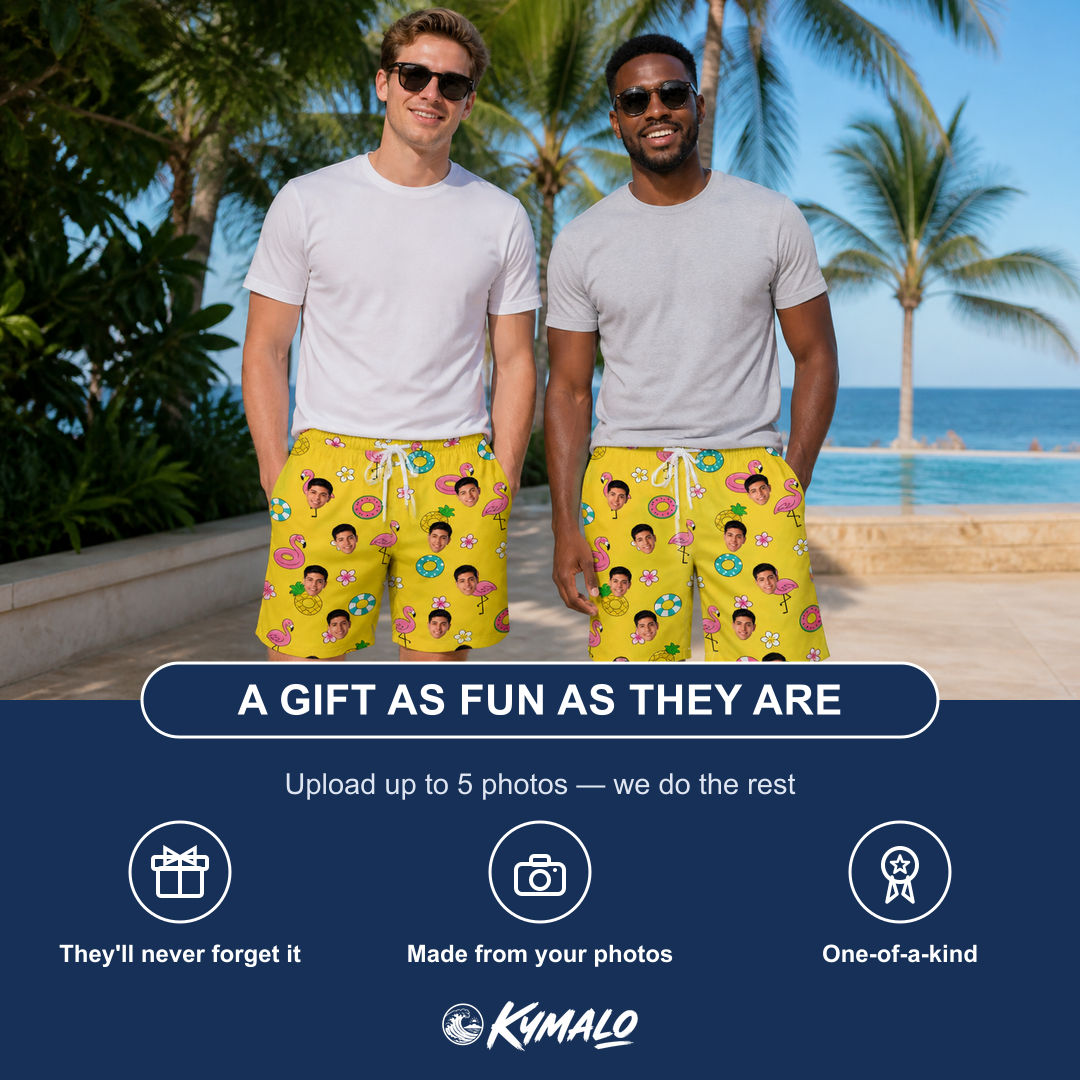 Friends in matching Men's Aqua Aviary Custom Face Beach Shorts — a group gift photo