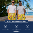 Friends in matching Men's Aqua Aviary Custom Face Beach Shorts — a group gift photo