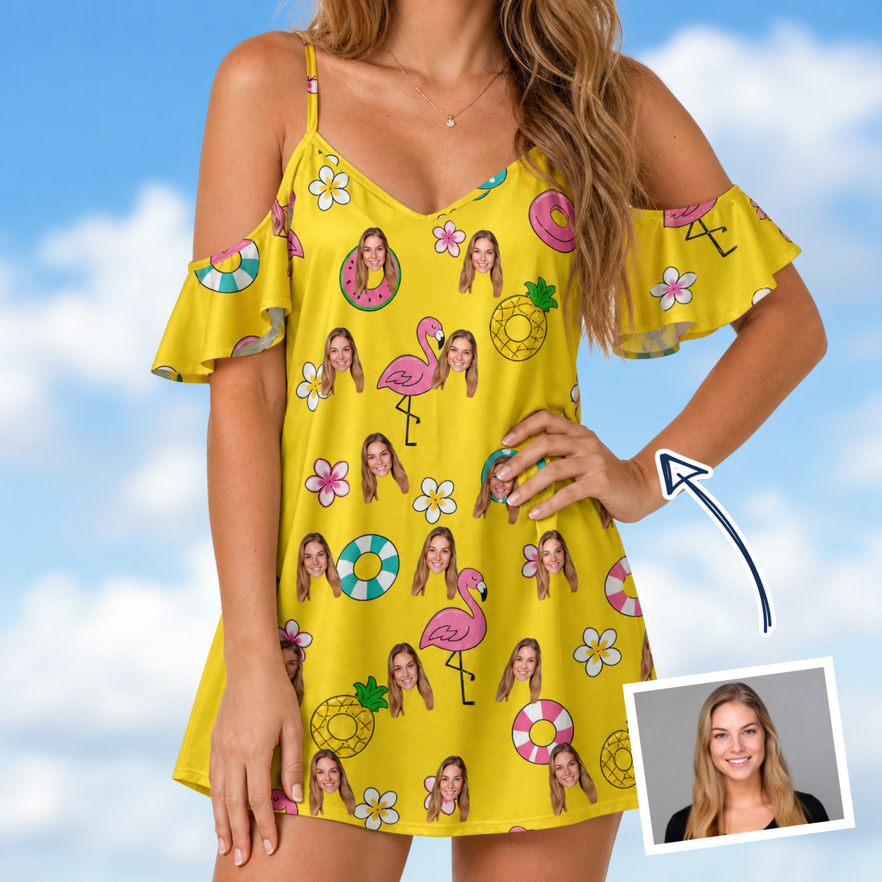 Woman wearing Women's Aqua Aviary Custom Face Off-Shoulder Dress — custom faces printed all-over