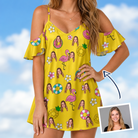 Woman wearing Women's Aqua Aviary Custom Face Off-Shoulder Dress — custom faces printed all-over