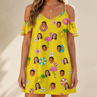 Model wearing Women's Aqua Aviary Custom Face Off-Shoulder Dress printed with kids' faces