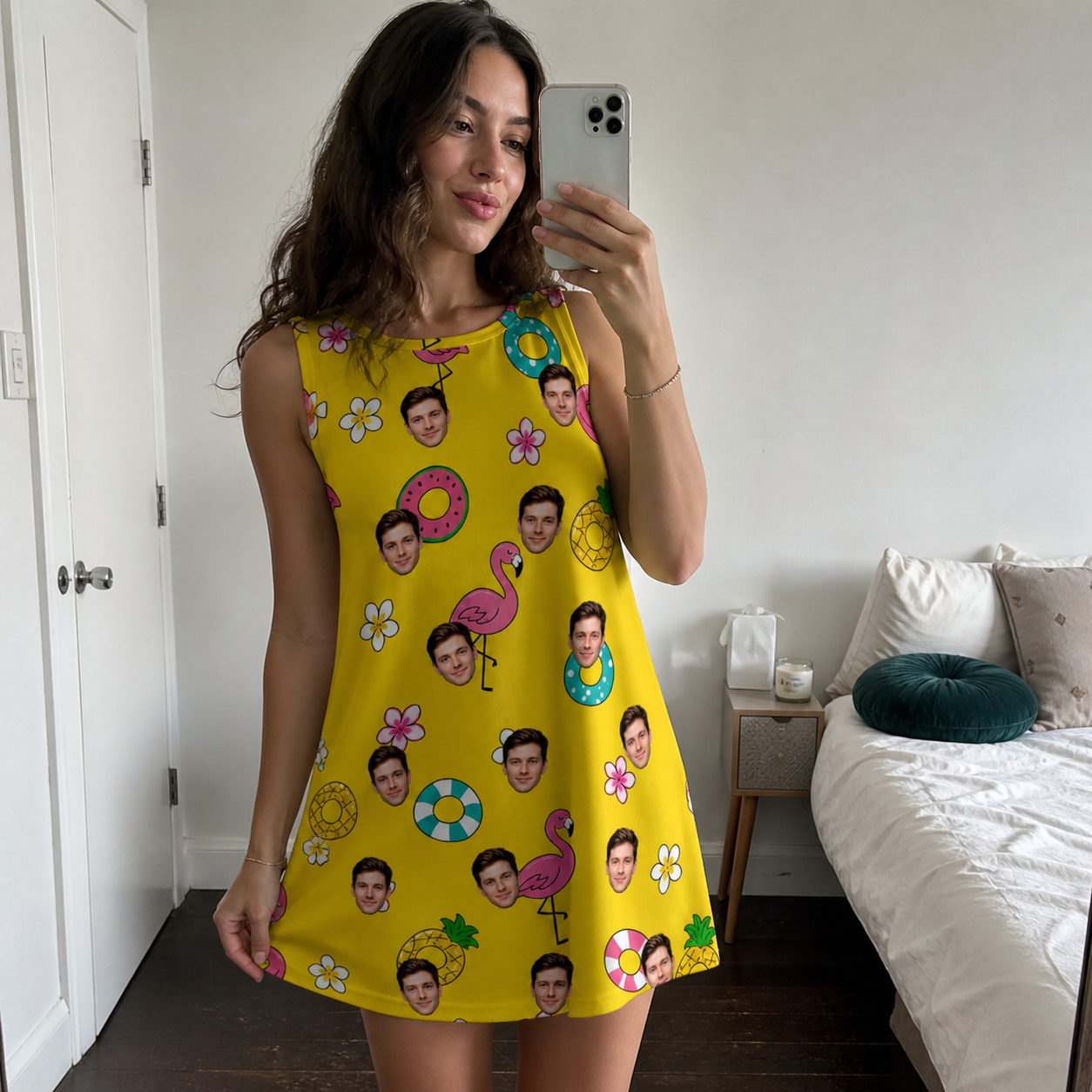 Real-life photo of someone wearing Women's Aqua Aviary Custom Face Tank Dress — custom faces printed all-over