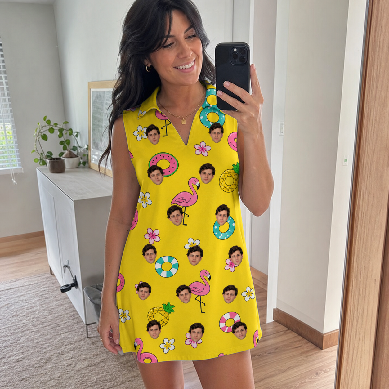 Real-life photo of someone wearing Women's Aqua Aviary Custom Face V-Neck Dress — custom faces printed all-over