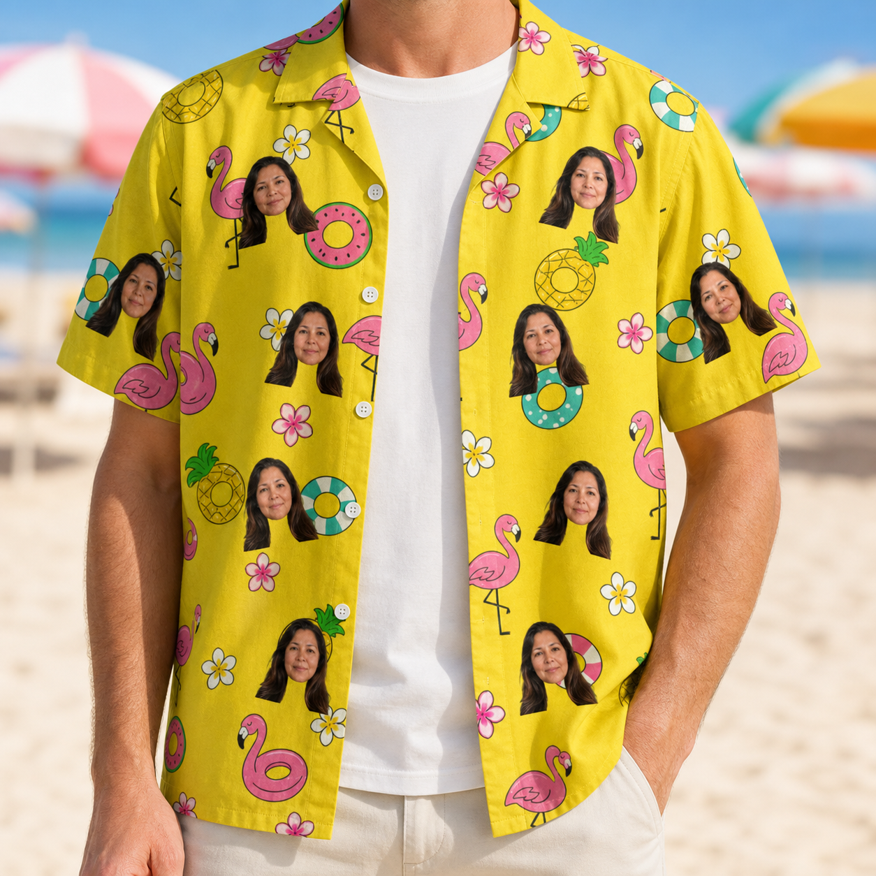 Man wearing Men's Aqua Aviary Custom Face Hawaiian Shirt open over a white tee