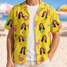 Man wearing Men's Aqua Aviary Custom Face Hawaiian Shirt open over a white tee