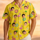 Model wearing Men's Aqua Aviary Custom Face Hawaiian Shirt printed with kids' faces