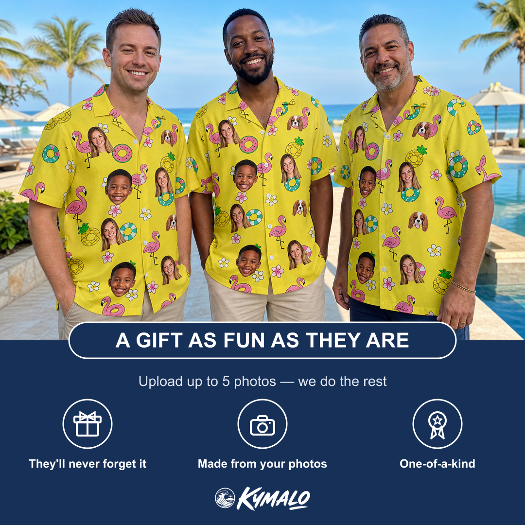 Friends in matching Men's Aqua Aviary Custom Face Hawaiian Shirt — a group gift photo
