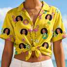 Woman wearing Women's Aqua Aviary Custom Face Hawaiian Shirt tied at the waist