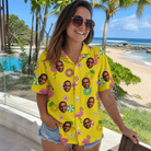 Real-life photo of someone wearing Women's Aqua Aviary Custom Face Hawaiian Shirt — custom faces printed all-over