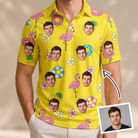 Man wearing Men's Aqua Aviary Custom Face Polo Shirt — custom faces printed all-over