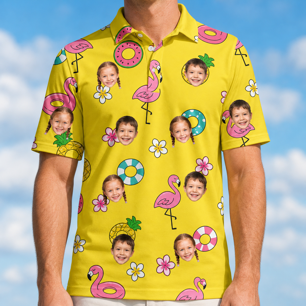 Model wearing Men's Aqua Aviary Custom Face Polo Shirt printed with kids' faces