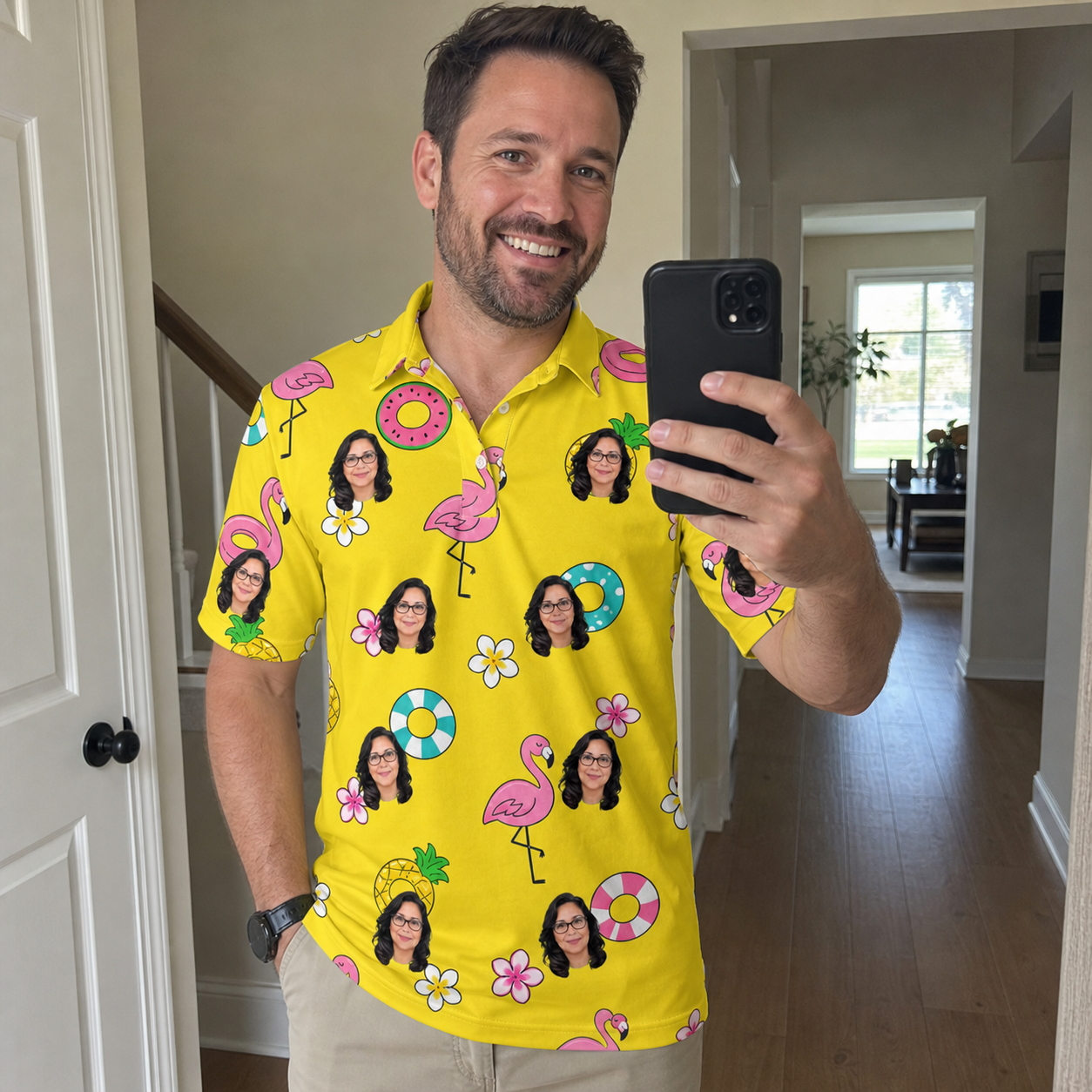 Real-life photo of someone wearing Men's Aqua Aviary Custom Face Polo Shirt — custom faces printed all-over